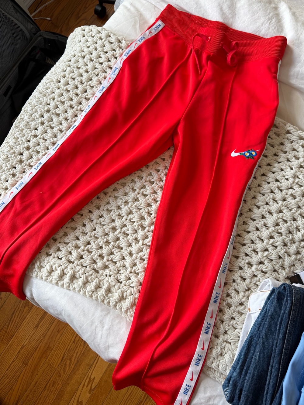 Nike Y2K Red Joggers with White Side Tape
